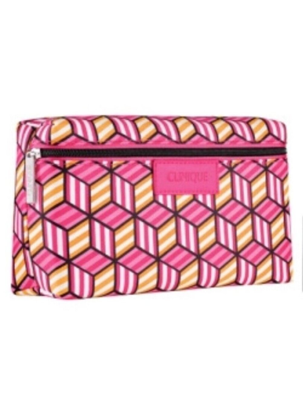 CLINIQUE Cosmetic Makeup Bag Pink Rhombus Zipper Travel Organizer Clutch NEW